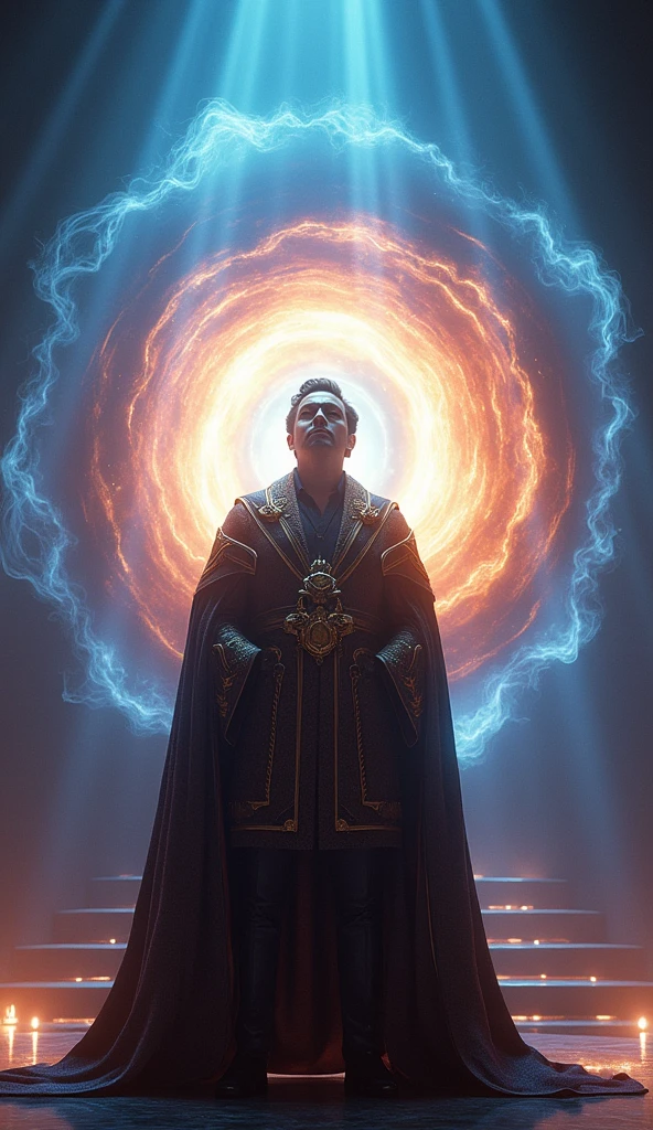 to create a realistic communicator mage who looks like Silvio Santos with a very large lapel microphone on a stage, to convey depth and effects of light from a spiritual portal