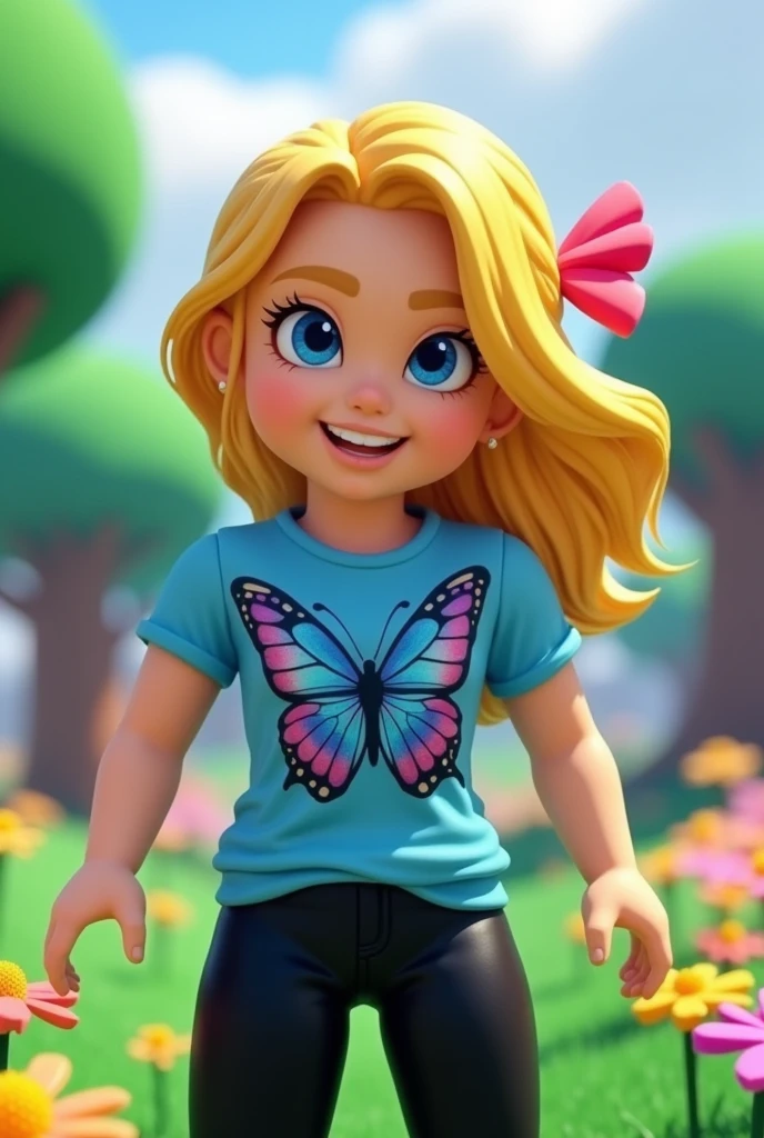 A Roblox user,blue butterfly shirt,blond hair,blue eyes, black pants