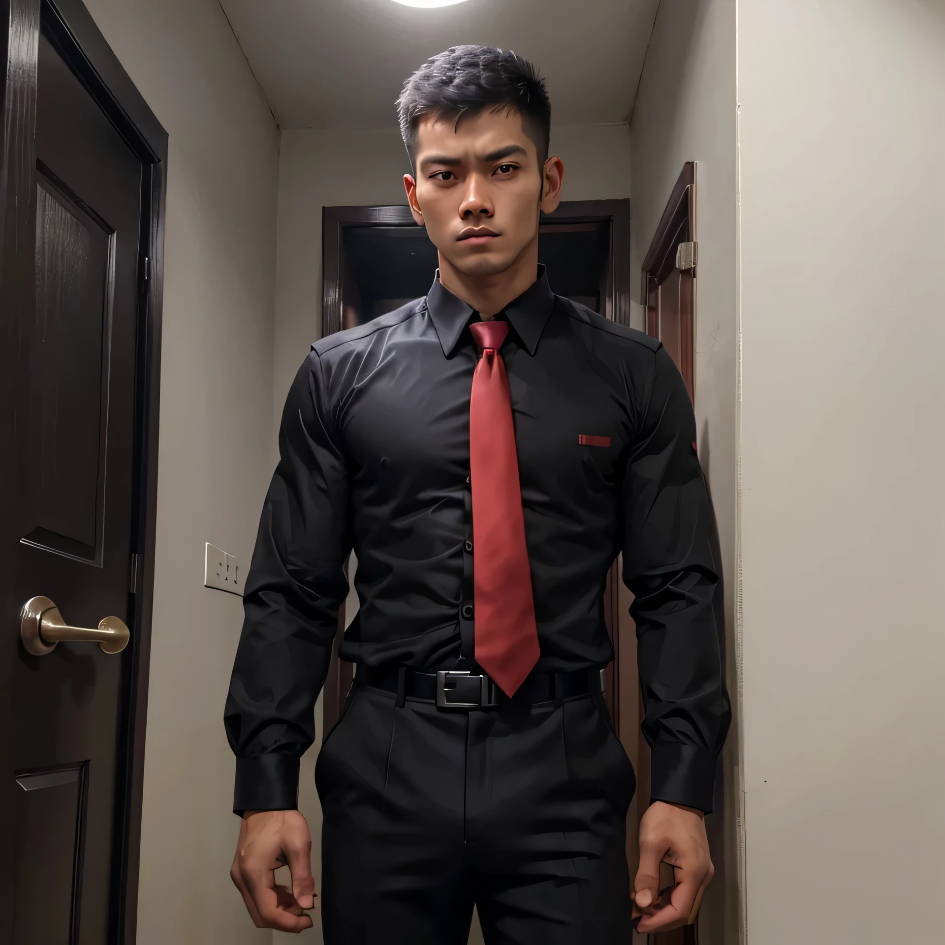 28 years old,One Man,、Handsome。Black Shirt、Red tie、Black trousers、Dhaka - Fighters、Lookout、indoor。In front of the door、logic,Gay ,Very short hair、　,Asian Face,、　Handsome　Seen from below　　Menacing look