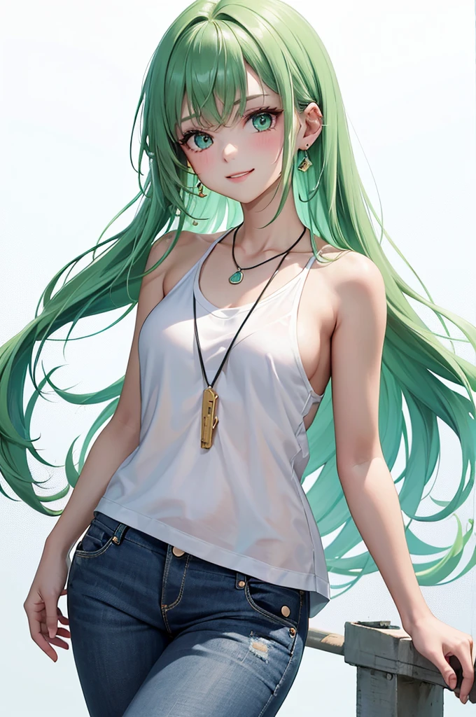 Best Quality,High resolution,8k,(plain white background, no patterns, no textures, just a plain white background:1.3),Masterpiece:1.2),beautiful girl,Shiny green hair,messy hair,Green Eyes,A girl in a bright, oversized graphic tee or tank top with a cheerful design, paired with high-waisted, slightly oversized long pants in a light, colorful fabric with a subtle pattern. She is wearing casual sneakers with a pop of color or simple yet stylish sandals. Accessories include a playful pendant necklace and colorful stud earrings,Gentle look,A refreshing look,smile,Best quality,Best Quality,Aesthetic and aesthetic:1.2,Best details((Super detailed))(High-definition CG illustrations),Slender body,smile,blush,cute,Scrounge,Looking up,Being spoiled,super model