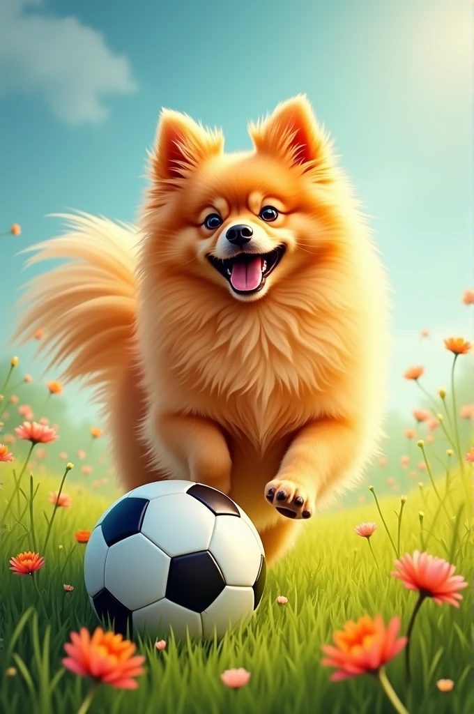 Wallpaper with an orange German Spitz and football represented 