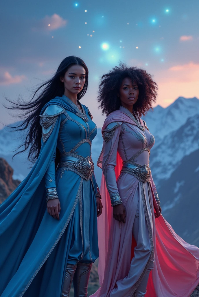 Generate an ancient and trendy full length warrior uniform which look great appropriate way for a reason comfortable to fight and light with a cloak for women.one white women with black hair generate uniform highlight the blue colour another brown women with curly hair generate an uniform highlight the pink colour
