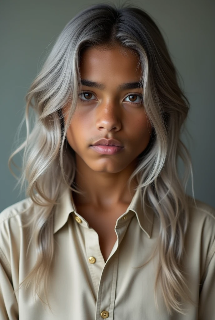 A boy with long silver hair and expressive dark eyes , brown skin,against the beige background of a dress shirt