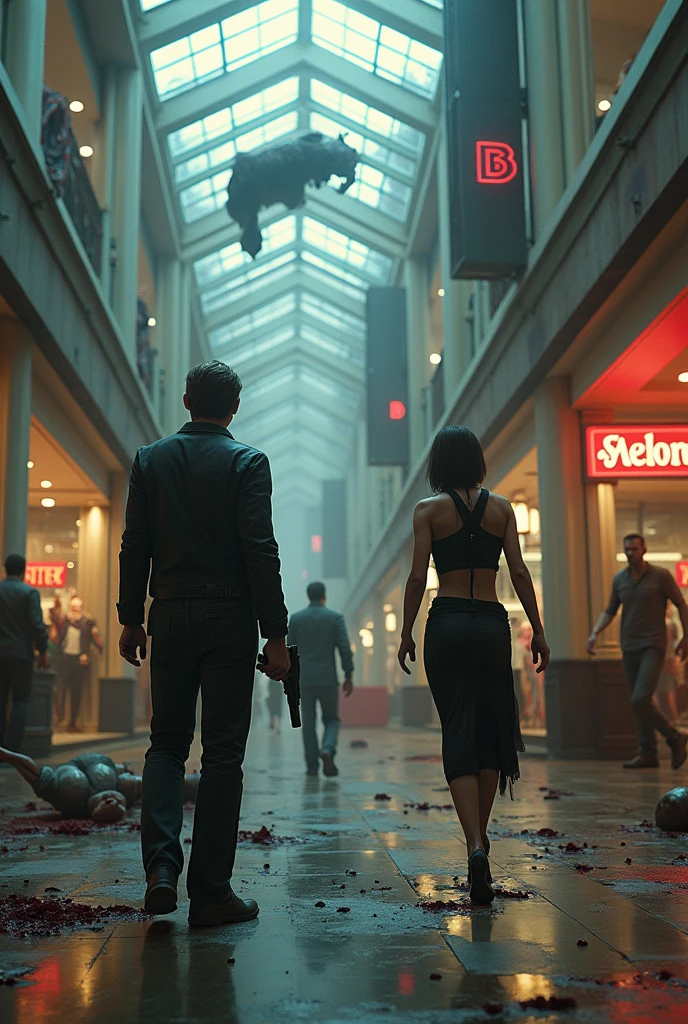 Leon Scott Kennedy and Ada Wong killing zombies in a shopping mall