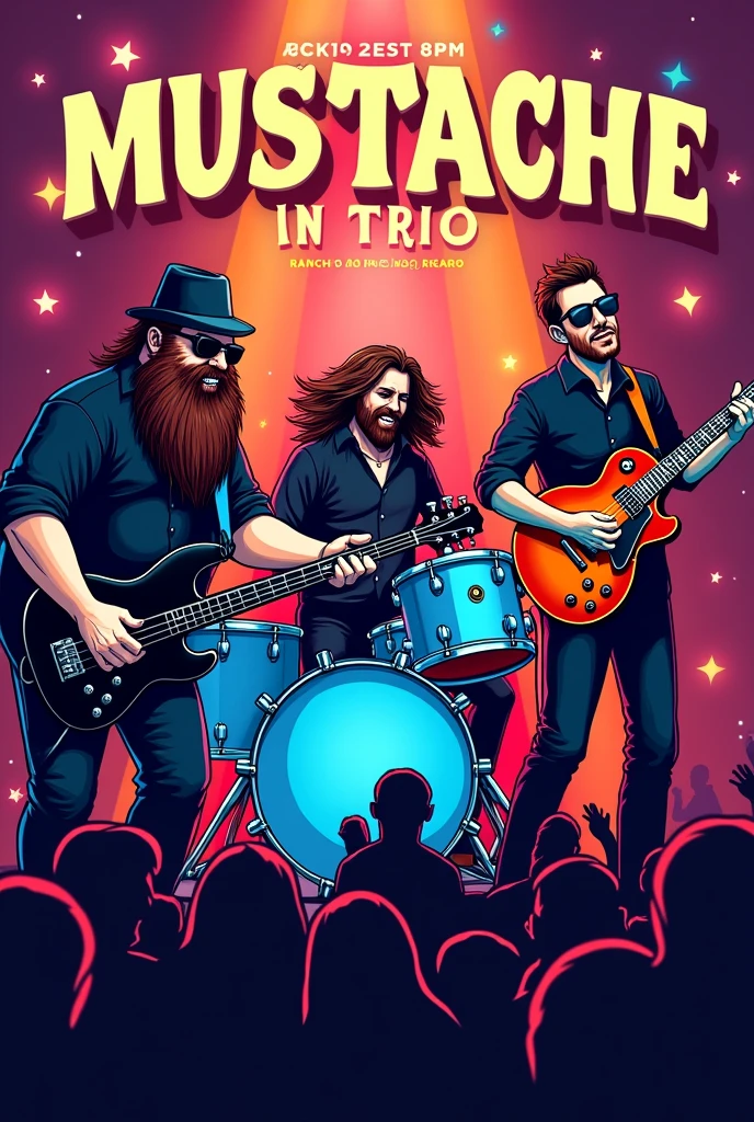 Create a flyer illustration for my rock band, o nome da banda é MUSTACHE IN TRIO, the show venue is called RANCHO DO MACACO in the city of Rafard, from 8pm:00 hours Also include an illustration of the musicians playing, on the left the bass player, He's chubby, He has a very big beard, wears a black hat, sunglasses and black clothes In the middle the drummer with a blue drum kit, he has long hair and a beard and wears black clothes. On the right the guitarist, he has short brown hair, wears glasses and black clothes and plays a Les Paul Orange