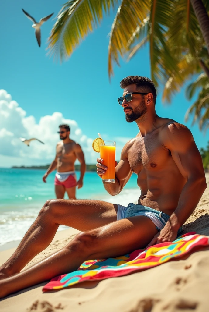 Two handsome guys, Muscular man without underwear,playa,orange juice.