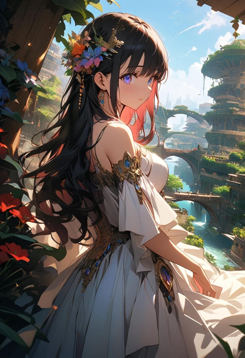 (Ancient princess admiring the view of the garden), gorgeous girl, beautiful face, (finely detailed beautiful eyes: 1.3), double eyelids, (eyelash: 1.2), shaggy hair),
magnificent hanging gardens of ancient Babylon in the sky, A lush landscape with a wide variety of plants on tiered terraces, Irrigated with water from the Euphrates River, Archimedes' spiral and other techniques are used, magnificent city of Babylon in the background of the garden, sun shining under a blue sky, colorful flowers and trees, exotic atmosphere,
((best quality: 1.2, very detailed, ultra-high resolution, absurdres: 1.3, highres: 1.3, masterpiece: 1.2, top quality, best aesthetic, fine texture, perfect lighting: 1.2, best shadow, sharp focus: 1.3, high contrast, high color saturation)), (anatomically correct, perfect hands: 1.2), (professional photography:1.2), cowboy shot, cinematic lighting, anime style,