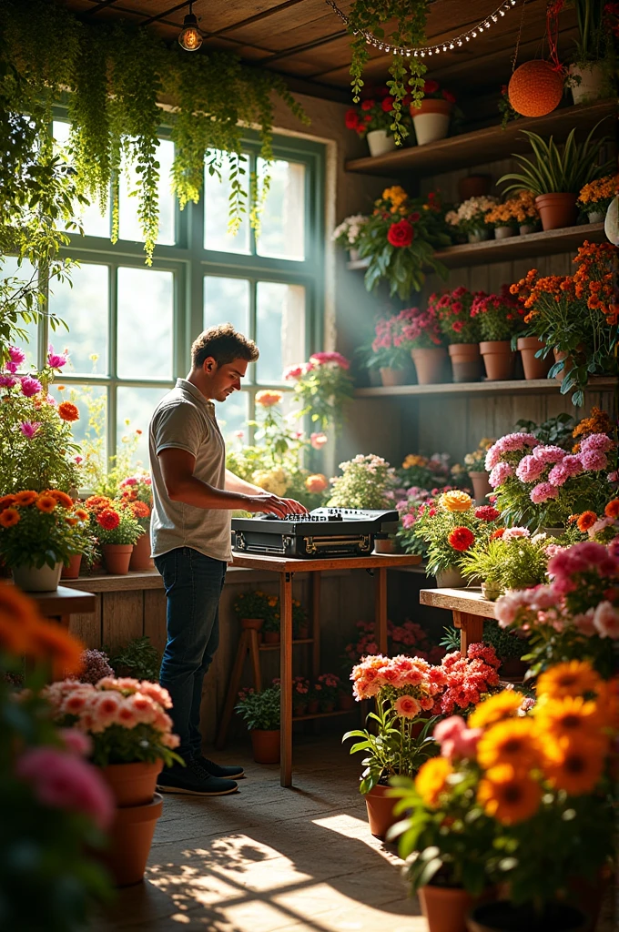 Dj playing in a flower shop 
