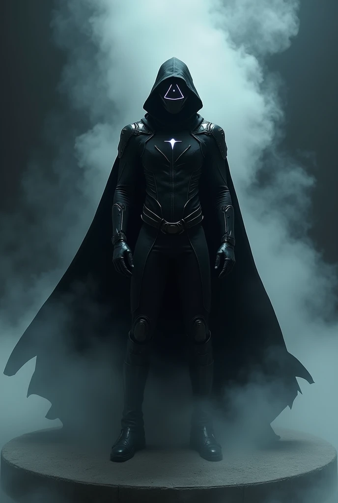 1man, american, black mask, glowing upside down triangle symbol, black tech suit with metal accents, black cape, black boots, dark aura, smoke background