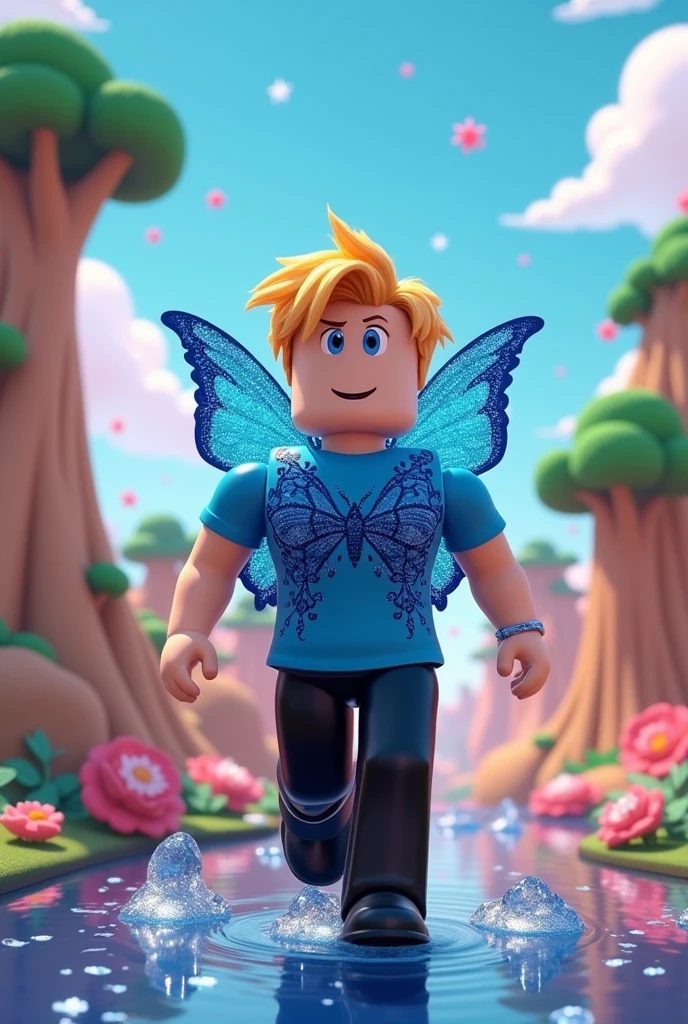 A Roblox user,blue butterfly shirt,blond hair,blue eyes, black pants