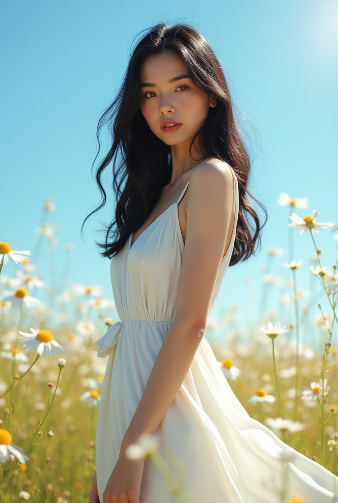 A woman with black hair above the shoulder Brown eyes, Caucasian skin,slim body tall white dress