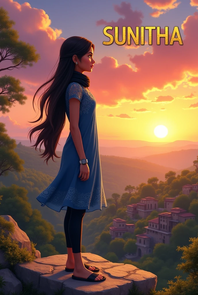 One short girl  18 , stand on stone have long hair wears metallic smart watch to her left hand wears blue colour dress and black scarf and  black colour legin pand and wears Black colour chappal and seeing right side and sky in sunset mood,in background village and trees and crops and House written SUNITHA name on the sky at her background with gold stylish metallic letters 