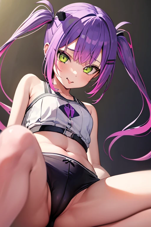 (Highest quality)、(One girl)、Hololive、Towa Tokoyami、Purple hair twin tails、Yellow-green eyes、sexy、Squat and spread your legs、Double Peace、Sticking out tongue、Dirty face、Naughty underwear、condom、A suggestive, low-angle perspective