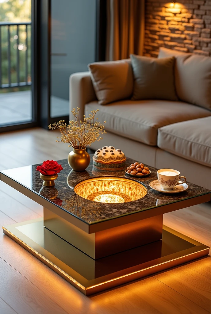 Small square coffee table handcrafted, featuring a two-way mirrored glass top that reflects a stunning visual effect inside that resembles a tunnel, a deep, endless well, and an endless staircase lit from the inside with warm golden LED lighting. The sides are covered with brick wallpaper that simulates the look of 3D textured wallpaper.. The table is decorated with simple decorations such as golden pedestals, small flowers, a cake and nuts, and contains a red rose and a tea cup. . The table is placed on a light-colored wooden floor.. The table design combines simplicity and elegance with a touch of modernity, making it a distinctive piece of art in any room or living room.