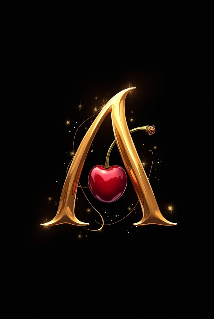 Create a golden cherry liqueur logo, with an A and a cherry. It should convey elegance and sophistication. O fundo deve ser preto.