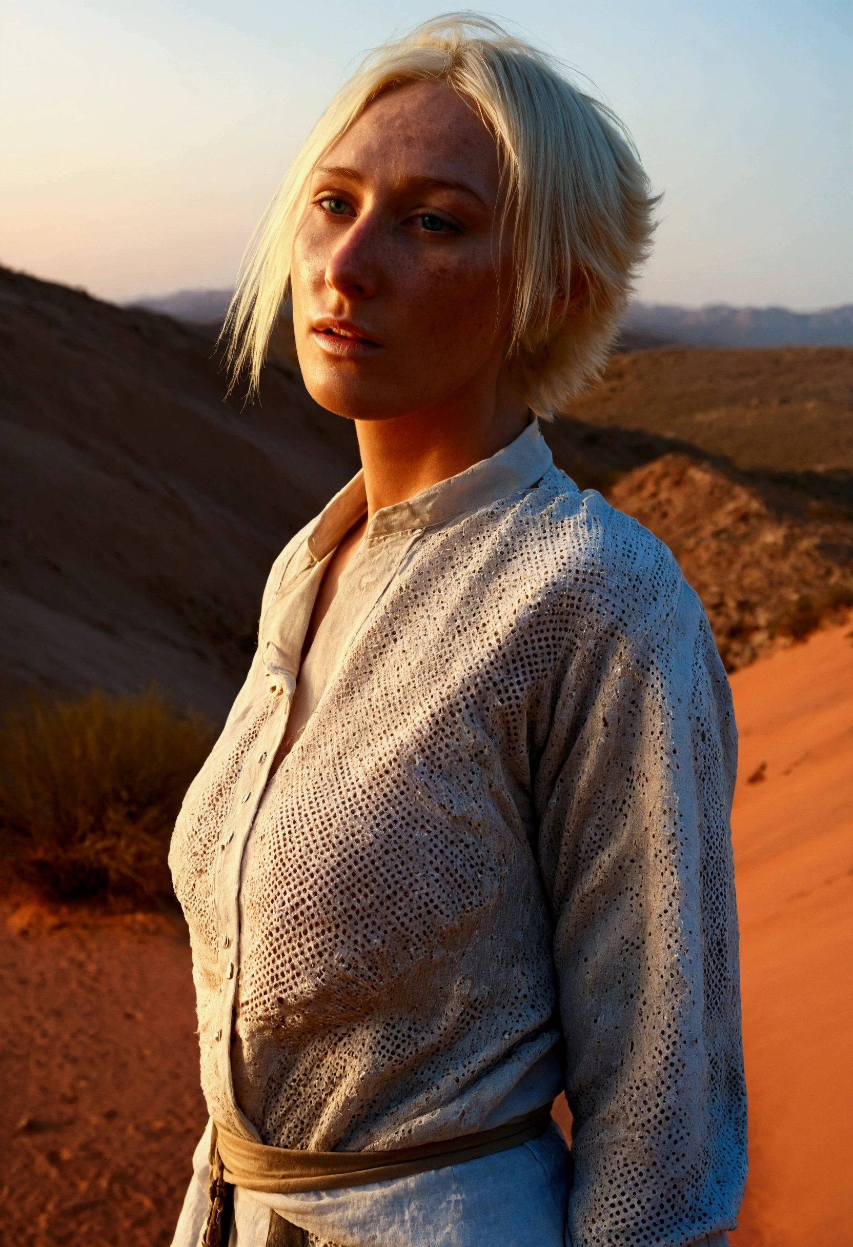 Masterpiece, Aesthetic artwork, (textured skin, skin pores:1.1), half body shot, transitioning to a desert landscape at sunset, a lone figure walking, a beautiful  young Norwegian woman, freckles on face, very pale skin, blonde hair, blue-grey eyes, freckles,very detailed face, ultra realistic post-apocalyptic Nomadic clothing. Layers of tattered fabric, unconventional accessories, and a weathered look create an aura of survival and resilience, 16K, ultra high res.photorealistic, UHD, RAW, DSLR, beautiful desert lanscape at sunset in the background