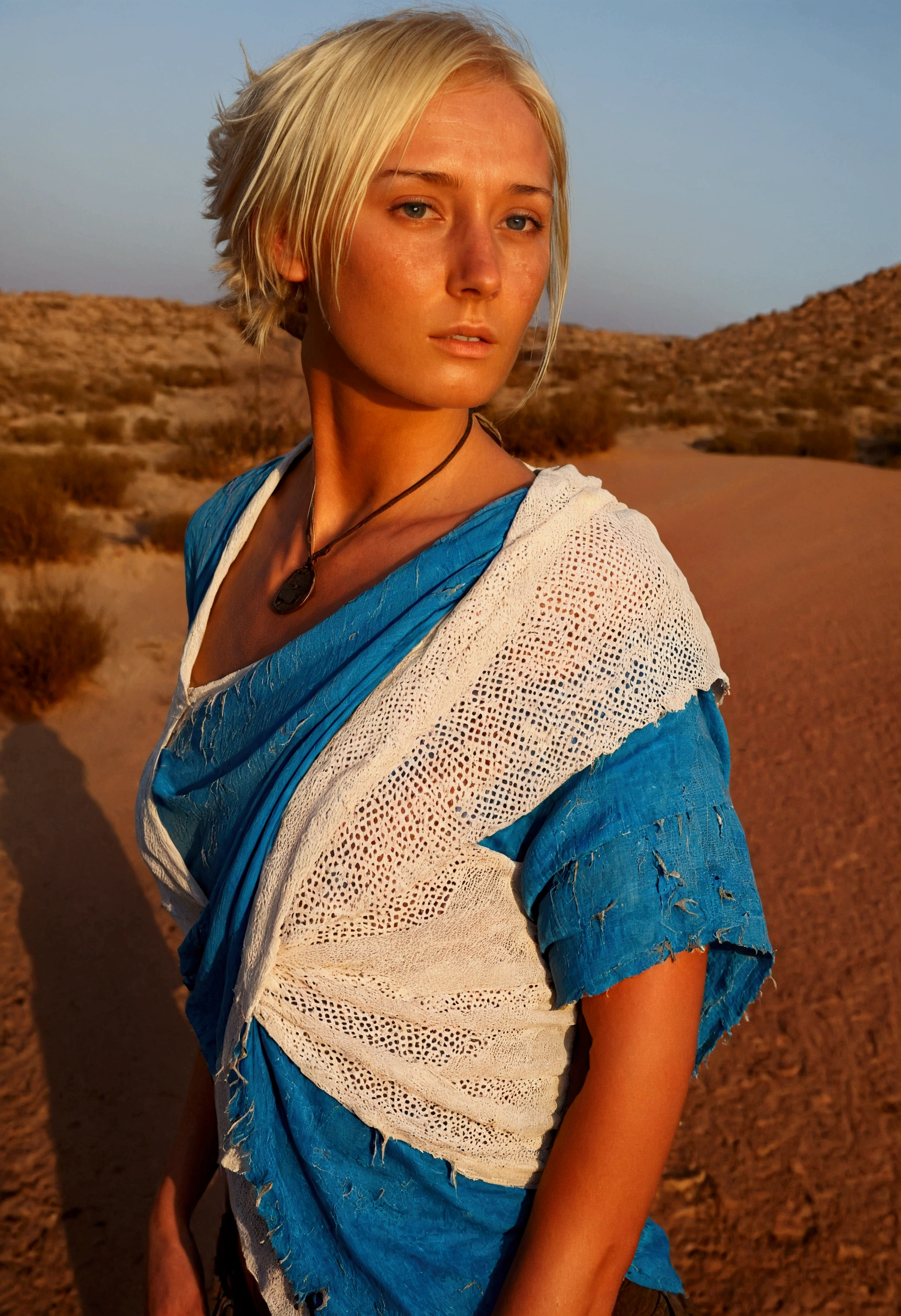 Masterpiece, Aesthetic artwork, (textured skin, skin pores:1.1), half body shot, transitioning to a desert landscape at sunset, a lone figure walking, a beautiful  young Norwegian woman, deeply tanned, blonde hair, blue-grey eyes, freckles,very detailed face, ultra realistic post-apocalyptic Nomadic clothing. Layers of tattered fabric, unconventional accessories, and a weathered look create an aura of survival and resilience, 16K, ultra high res.photorealistic, UHD, RAW, DSLR, beautiful desert lanscape at sunset in the background