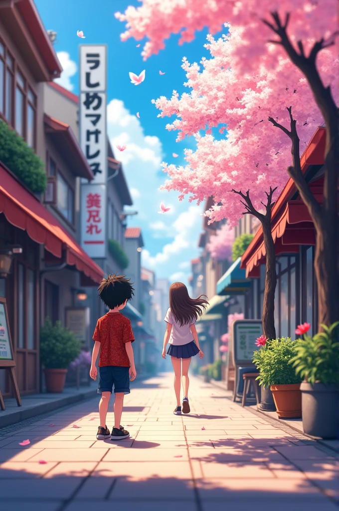 A boy walking on street and he saw the pretty girl, Japan city background, normal sunlight, shadow overall, anime 4k version