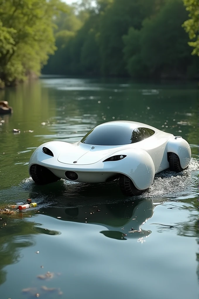 An white colored e-crocodile bot that eats the water surface garbage and collects the garbage in its belly to tail that is netted, also its four legs are four propellers