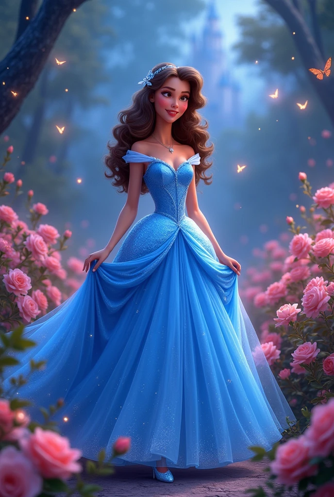 Cinderella princess in a blue dress, but let her be a brunette with tanned skin and curly hair in the Disney Pixar style, Surprise me