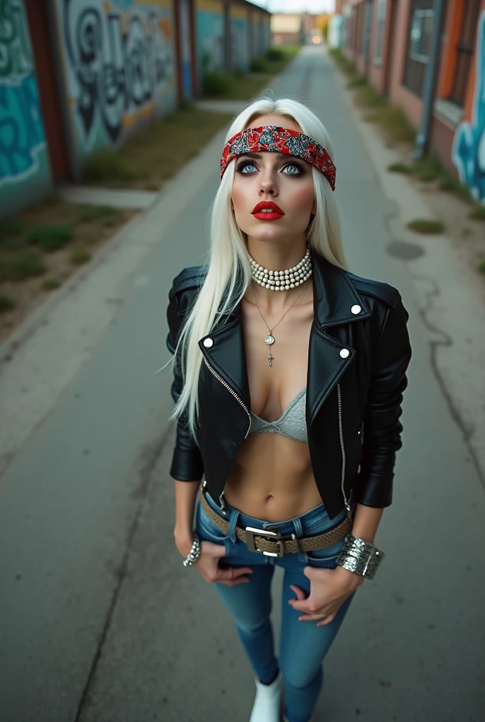 russian milf woman, biker gang member, platinum blonde hair (straight, middle part) with bandana headband, with very light blue eyes, extremely pale, heavy eye shadows (panda eyes) Sad face, smeared make up, smeared red lipstick, runny mascara. Wearing cropped black moto jacket, push up bra bra, skinny blue jeans and pointy Chelsea boots . Lots of metallic bracelets and lots of white pearl collars. Tacky leather belt with oversized, excessive silver buckle. Hands in pockets Wide loop earrings. Looks up, overwhelmed: she tinks God is speaking to her. Open mouth