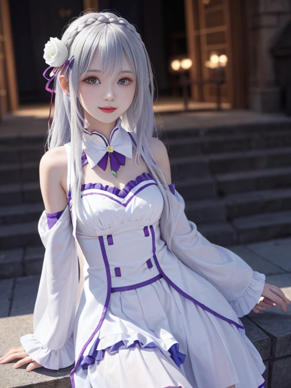 Highest quality、High resolution、Ultra-detailed、8k, Emilia、Emilia Masterpiece、Highest quality, In the castle courtyard, Bans, Clothes are white, 長いsleevemouth, just_shoulder, dull_前hair, Blurred, Blurred_background, Blurred_prospect, blush, Braid, chestout, chestの谷間, Closed_mouth, cloud, crown_Braiding, Tag, depth_In_Field, independent_sleeve, dress, Emilia_\(Again:Stay Night\), eyebrows_appear_Through_hair, flower柄, Precious stones, hair_flower, hair_Decorations have been removed, hair_ribbon, lens_Flare, length_hair, look up_in_Audience, low_length_hair, Moderate_chest, One_eye_Closed, Plein Air, Pleats_skirt, Spiky_ear, purple_eye, purple_ribbon, ribbon, Silver_hair, skirtの, null, Laughter, solo, very_length_hair, white_flower