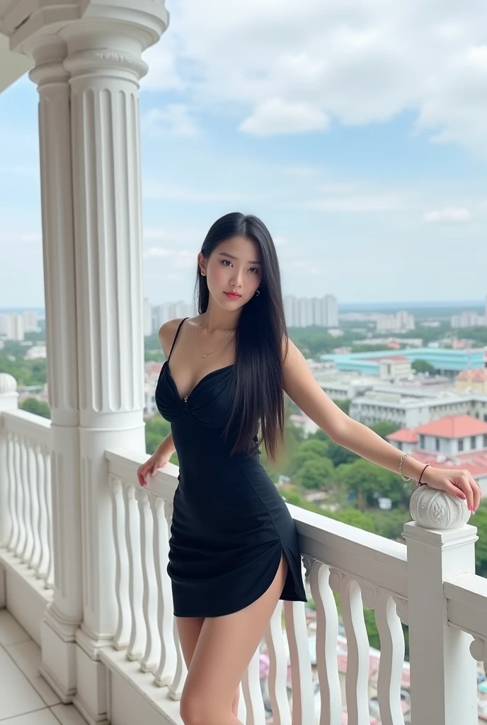 A beautiful asian and young girl.Her facial features are exquisite and fully conform to the golden ratio of human anatomy...Her long,straight long black hair, Big breasts, huge chest, fat body,  beautiful scenery,  big breasts, big, big , busty , big breast,  big , wearing a sexy white dress, sexy pose ,  big breasts , big breasts,  huge , full body shot, 