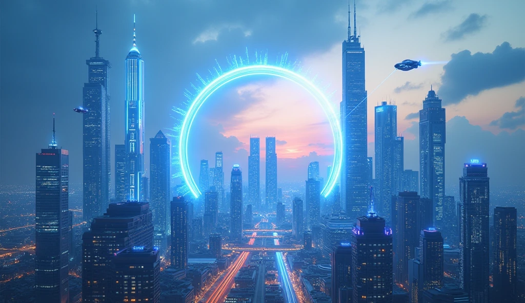 Modern futuristic city, seen from afar with flying cars and motorcycles, completely surrounded by a semicircle, made of blue energy that gives color to the sky.