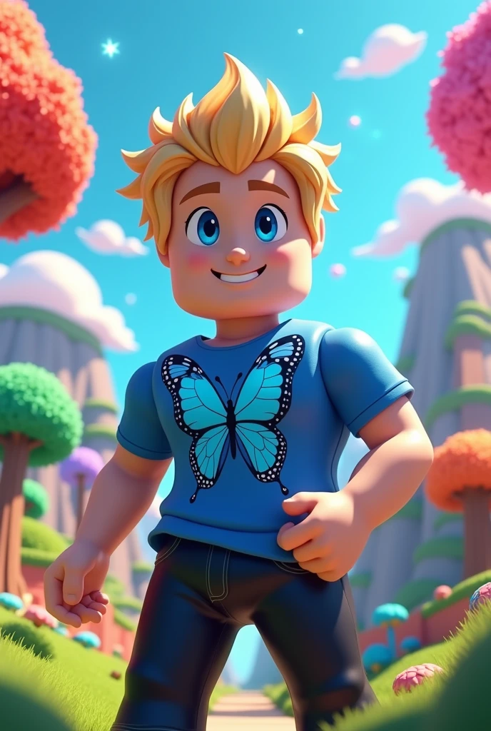 A Roblox user,blue butterfly shirt,blond hair,blue eyes, black pants