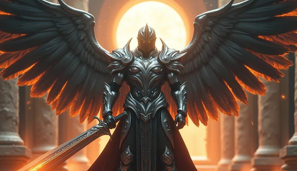 futuristic armored paladin with wings greatsword and dark flames around him with halo standing in front of temple, ray tracing, anatomically correct, retina, UHD, masterpiece, accurate, 8k, UHD