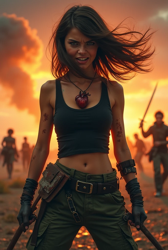 Hello, I would like you to create the following image: A girl with brown hair and brown eyes/Brunetette, with a black blouse and green cargo pants, with medium hair/ Large swinging in the wind, his right hand a sword stained with blood. your left hand holding a human heart in your hand. expression of anger and strength with crying. as if she had just finished a fight. In the background I would like a sunset, with many people fighting in the background, smoke in the background and the girl a little dirty. With a burano on your chest where the heart is located. Your right leg slightly forward. Your body posture will be fighting. Slightly crouched. Your teeth showing expressing anger.