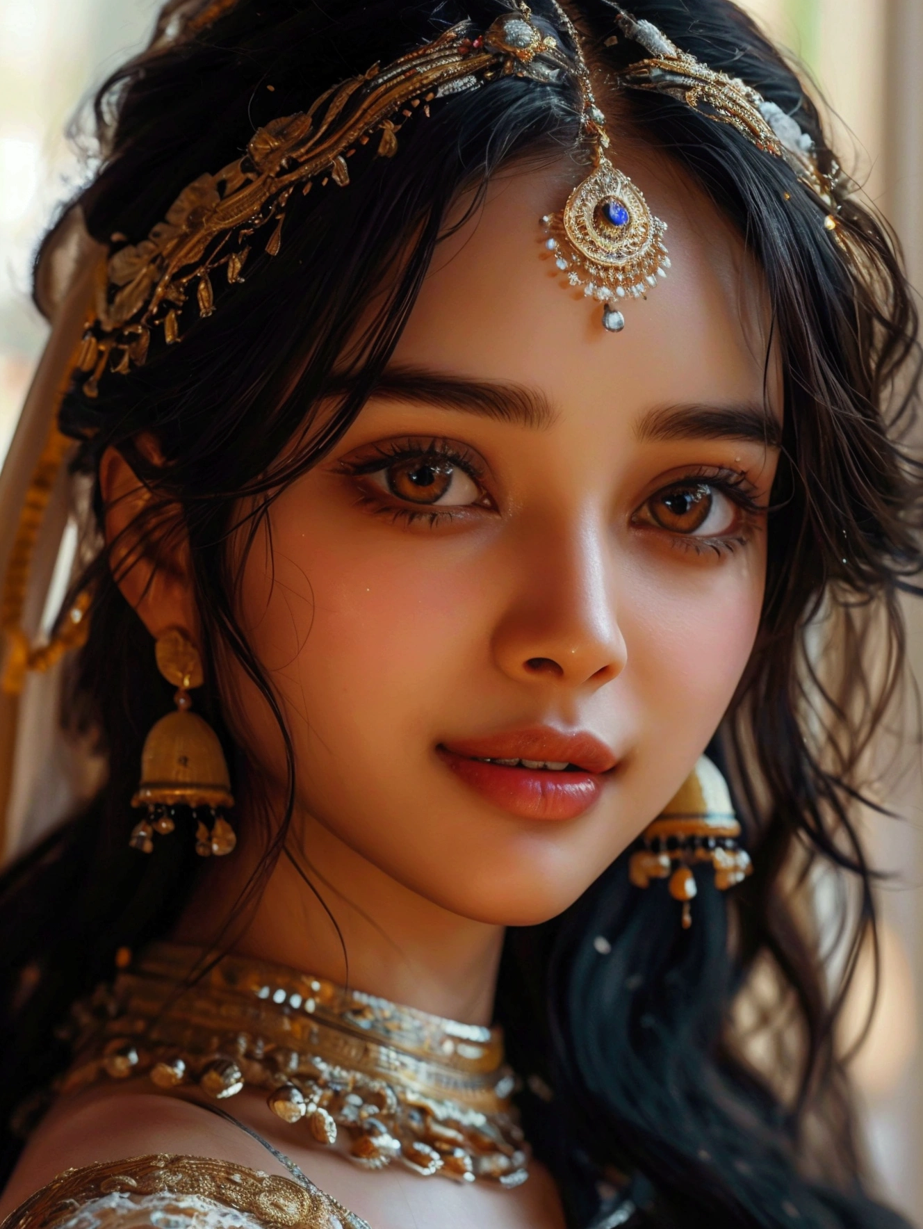(ultra realistic))) Photo, masterpiece, top quality, (pale skin), (Ultra detailed face and eyes:1.3), Indian 1 girl, in a beautiful black(goldon embroidery)dress, (Eye makeup, mascara) , Beautiful ,23 years young Indian girl healthy,indian girl with brown skin, cheerful smile looking,8k,realistic, raw photo,dark brown hair,fair skin, indian,long hair,clear facial features,, very detailed, 23years old, innocent face, natural wavy hair, high resolution, masterpiece, best quality, intricate details, highly detailed, sharp focus, detailed skin, realistic skin texture, texture, detailed eyes, professional, 4k, charming smile, shot on Canon, 85mm, shallow depth of field, kodak vision color, perfect fit body, extremely detailed, foto_\(ultra\), photorealistic, realistic, post-processing, maximum detail, roughness, real life, ultra realistic, photorealism, photography, 8k uhd, photography
