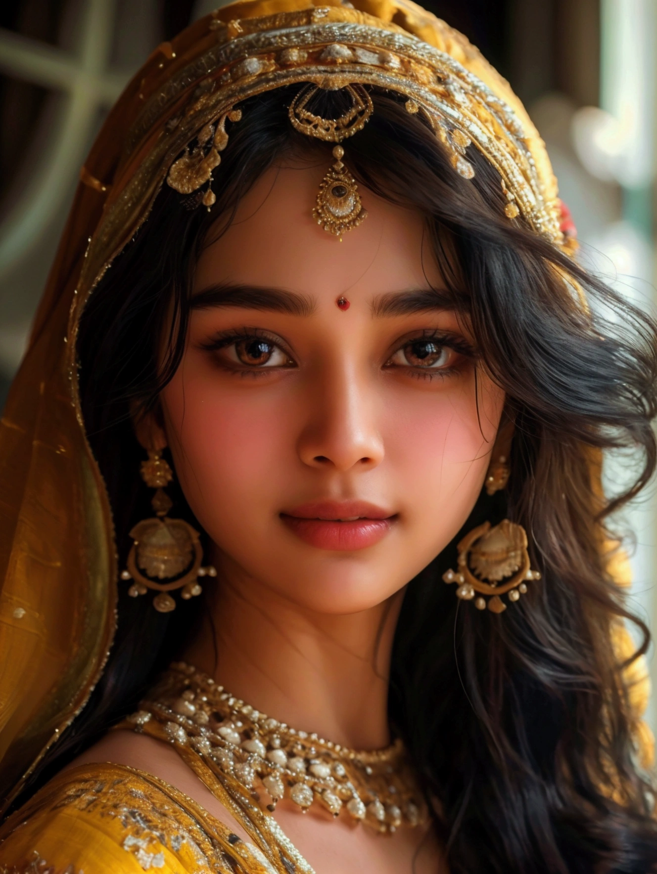 (ultra realistic))) Photo, masterpiece, top quality, (pale skin), (Ultra detailed face and eyes:1.3), Indian 1 girl, in a beautiful black(goldon embroidery)dress, (Eye makeup, mascara) , Beautiful ,23 years young Indian girl healthy,indian girl with brown skin, cheerful smile looking,8k,realistic, raw photo,dark brown hair,fair skin, indian,long hair,clear facial features,, very detailed, 23years old, innocent face, natural wavy hair, high resolution, masterpiece, best quality, intricate details, highly detailed, sharp focus, detailed skin, realistic skin texture, texture, detailed eyes, professional, 4k, charming smile, shot on Canon, 85mm, shallow depth of field, kodak vision color, perfect fit body, extremely detailed, foto_\(ultra\), photorealistic, realistic, post-processing, maximum detail, roughness, real life, ultra realistic, photorealism, photography, 8k uhd, photography