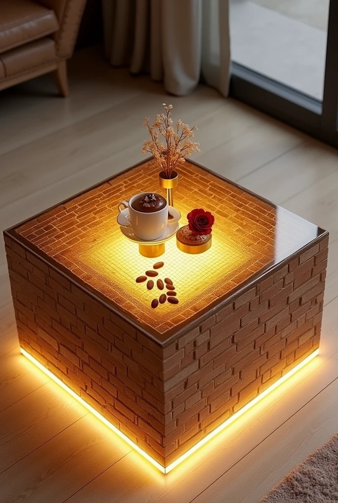 Small square coffee table handcrafted, featuring a two-way mirrored glass top that reflects a stunning visual effect inside that resembles a tunnel, a deep, endless well, and an endless staircase lit from the inside with warm golden LED lighting. The sides are covered with brick wallpaper that simulates the look of 3D textured wallpaper.. The table is decorated with simple decorations such as golden pedestals, small flowers, a cake and nuts, and contains a red rose and a tea cup. . The table is placed on a light-colored wooden floor.. The table design combines simplicity and elegance with a touch of modernity, making it a distinctive piece of art in any room or living room.