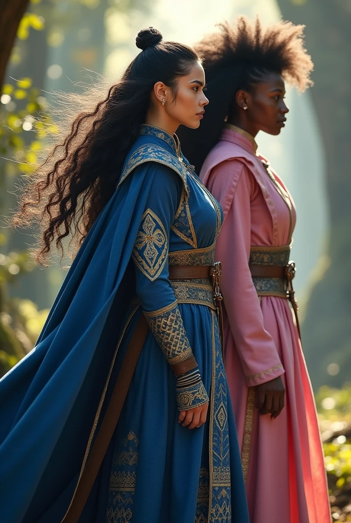 Generate an trendy but ancient touch full length warrior uniform which look great appropriate way for a reason comfortable to fight and light with a cloak for women.one white women with black hair generate uniform highlight the blue colour another brown women with curly hair generate an uniform highlight the pink colour