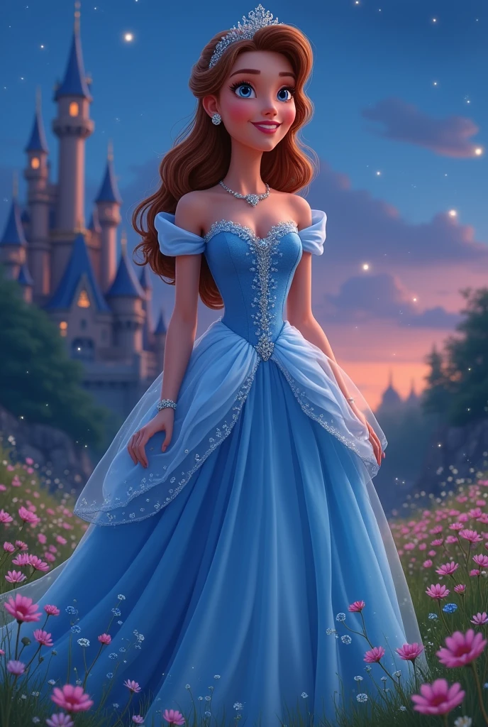 Cinderella princess in a blue dress, but let her be a brunette with tanned skin and curly hair in the Disney Pixar style, Surprise me