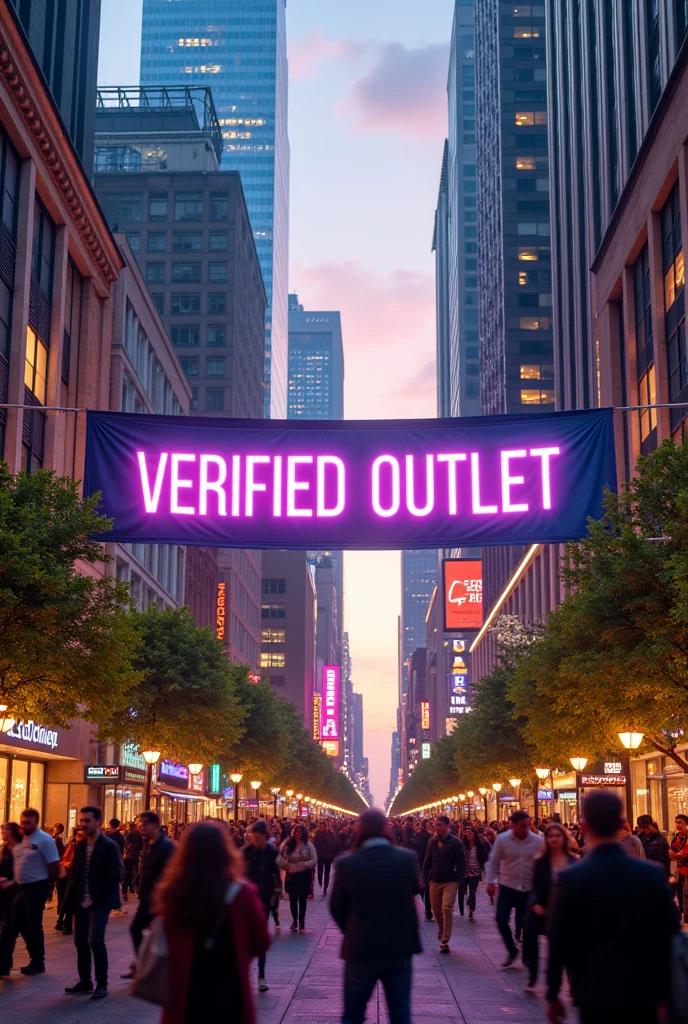 A HUGE BANNER SAYING "VERIFIED OUTLET " WITH PEOPLE WALKING AROUND AND CITY BUILDINGS WITH LIGHTS AND WEED PLANTS EVERYWHERE