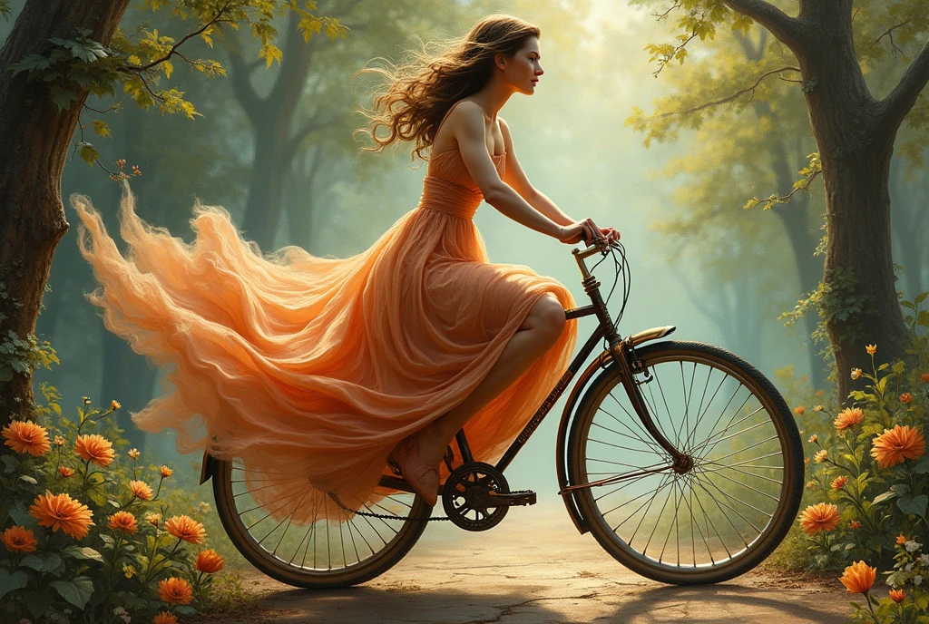 (masterpiece,top quality,perfect detailed Louis Icart style) ,one beautiful lady in long dress awkwardly rides a bicycle, a large and wonderful aesthetic that manifests itself in detail,ultra-detailed,((Louis Icart style)), (oil painting),detailed illustration, (best quality, masterpiece:1,1),grotesque,intricate details,tempering, (aesthetics),excitement,hyperrealistic,insanely detailed