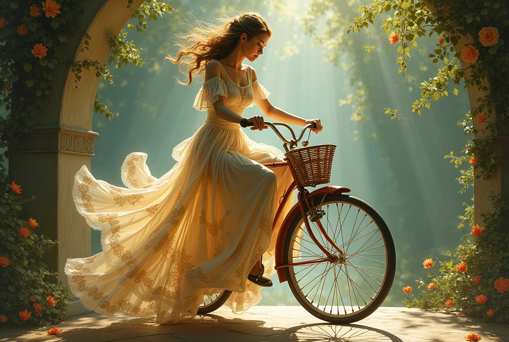 (masterpiece,top quality,perfect detailed Louis Icart style) ,one beautiful lady in long dress awkwardly rides a bicycle, a large and wonderful aesthetic that manifests itself in detail,ultra-detailed,((Louis Icart style)), (oil painting),detailed illustration, (best quality, masterpiece:1,1),grotesque,intricate details,tempering, (aesthetics),excitement,hyperrealistic,insanely detailed