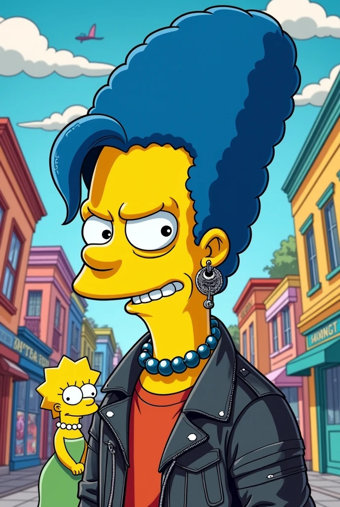 You can make a Simpsons character a young man, with blue hair, a septum, a nostril on each side of the nose, a labret and several in the lobes. With a grunge style of clothing next to Marge Simpson.