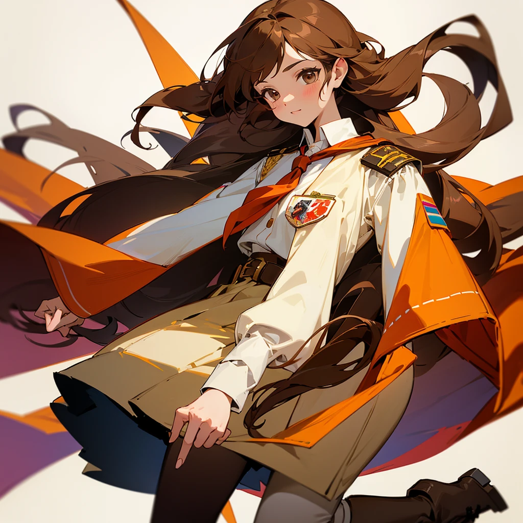 A long-haired brunette is dressed in a cream-colored scout blouse adorned with a scout sash, showcasing various merit badges and achievements. She wears a light brown scout skirt that complements the blouse, paired with high red socks that add a vibrant pop of color. Completing her outfit are high white boots, which provide a clean and polished look, suitable for scouting adventures. Her long brown hair cascades down her back, adding a touch of elegance to her practical and ready-for-action ensemble.