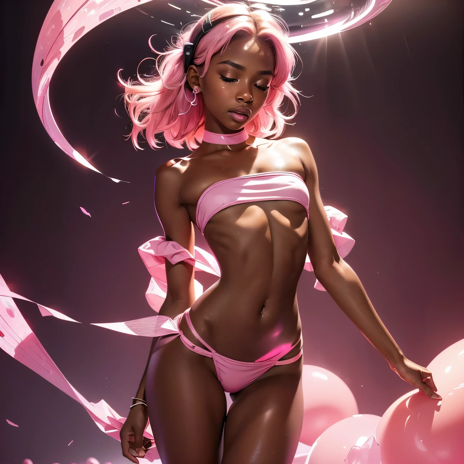 1girl, head phones, under pink bubble water, (18 years old), (dark skin), dark skin, wide shot, (pink strapless dress), (Masterpiece, Professional lighting, 16k, 8k wallpaper, raw photo, photorealistic:1.8, ultra detailed, natural lighting, detailed skin sexy pose, open mouth, big lips, night time, eyes closed, pink light, steam, pink foam