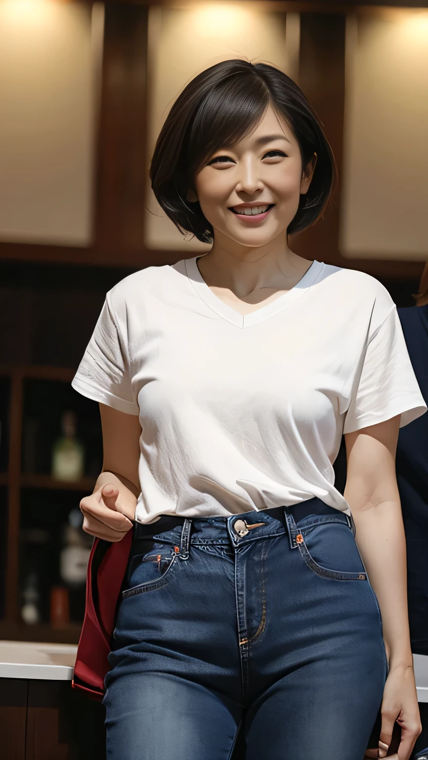 (Tabletop, Highest quality), A Japanese woman in her 40s is standing., Close-up photo focusing on upper body、Supermodel body type、T-shirt and jeans　The hem of the T-shirt is tucked into the jeans., necklace, Short Bob Cut Hair, Beautiful Eyes, Open your mouth, Happy, Perfect slim fit body, Hotel lounge, Bright colors、Full Body Lesbian、(smile:1.2)、