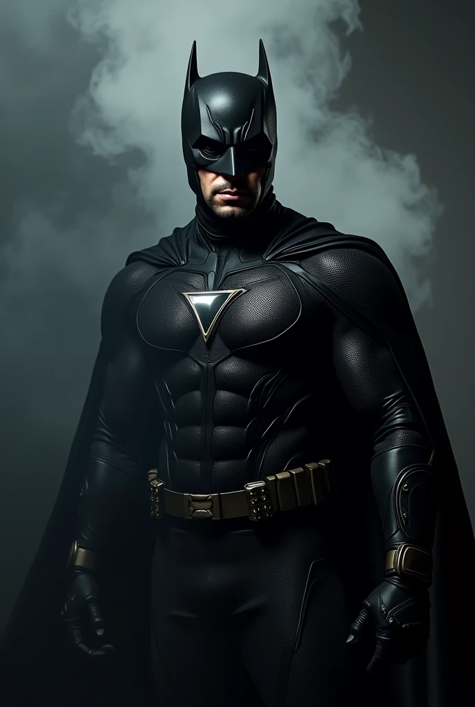 1man, american, superhero half mask, glowing upside down triangle symbol, black tech suit with metal accents, black cape, black boots, dark aura, smoke background