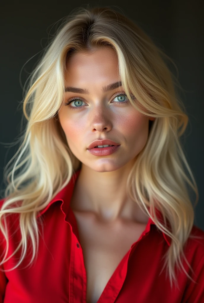 RAW photo, portrait of a beautiful blonde woman wearing a red shirt (high detailed skin:1.2), handbra, 8k uhd, dslr, soft lighting, high quality, film grain, Fujifilm XT3