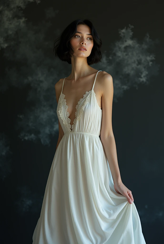 A woman with short black hair, Black palette
Brown eyes, Caucasian skin,slim body tall white dress