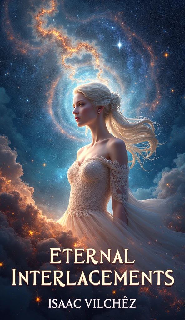Create an image of a book cover called Eternal Interlacements, where the image expresses love, quantum physics, The universe, life, the infinity of probable events, intelligence and science., add that the writer's name is: Isaac Vilchez. Bigger chest