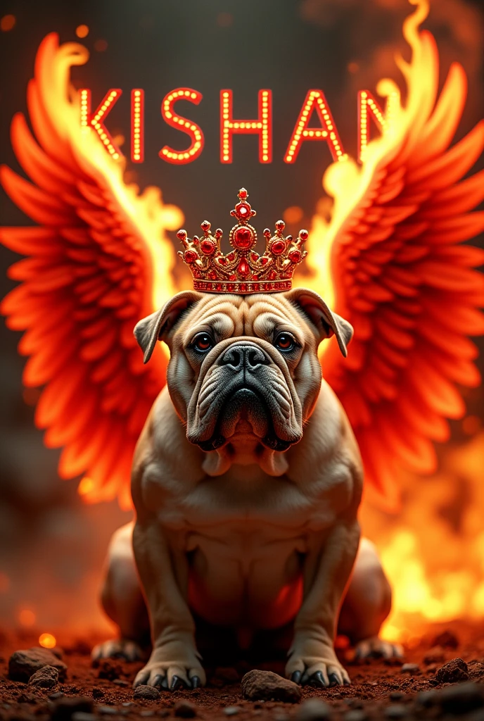 A 4K picture with the name [KISHAN] with an elegant a red crown and bright colors and an red angle wings with flame all around and make flame comeing out of the name
Add some beats dog faceing forward beside the name
 make the name a little bigger 