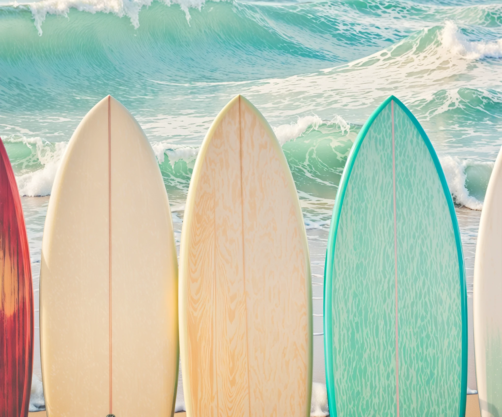 several surfboards lined up in a row on the beach, standing on surfboards, surf photography, surfing, shutterstock, best on adobe stock, crisp clean shapes, subtle detailing, surf, lined up horizontally, crisp lines, crisp smooth lines, vintage color, oceanside, high quality wallpaper, best seller, variations, artistic interpretation, set photo