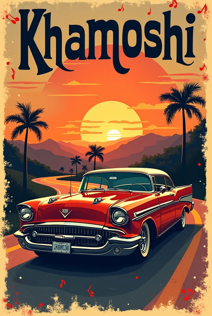 Make a music poster in retro car theme and write khamoshi word in dark heavy font